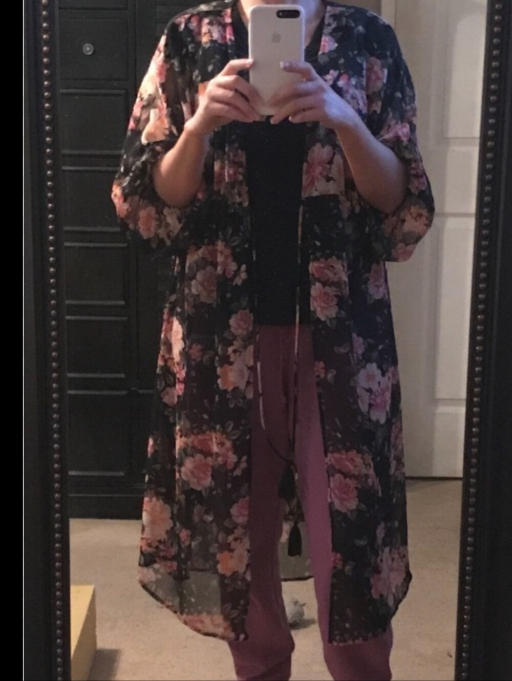 Double Take Mesh Black Floral Midi Kimono Duster Swiss Dot Sz. S-L